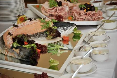 Fresh fish and meat  celebration buffet Stock Photos