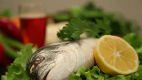 Fresh Fish And Vegetables For Cooking And Dining Stock Footage 343740810