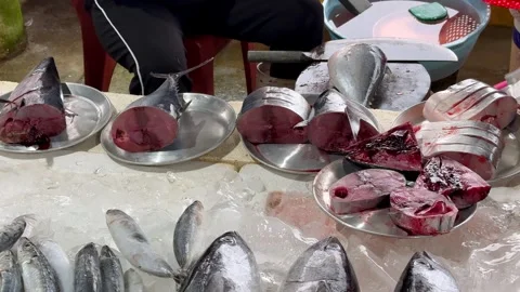 Fresh fish cuts and tuna parts at a traditional Vietnamese fish market. Video stock 327844727