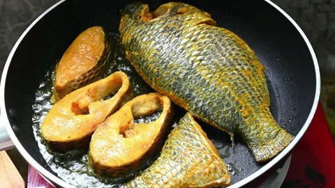 Fresh Fish Fried On Hot Oil Pan. Seared Fish Cooked On Pan Frying Stock Footage 202055219