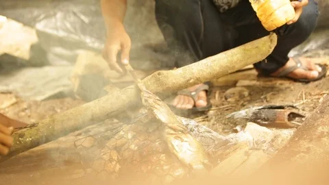 Fresh fish grilling on DIY makeshift outdoor barbecue in rural Indonesia Stock Footage 107653436
