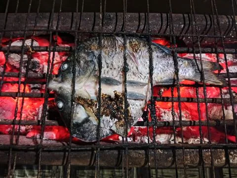 Fresh fish grilling on a wire rack over hot burning charcoal embers Stock Photos