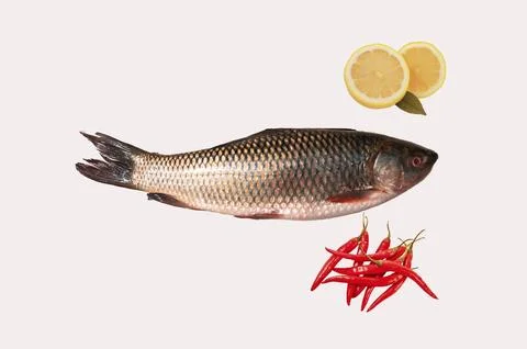 Fresh fish with lemon and chilli pepper isolated on white background. Stock Photos