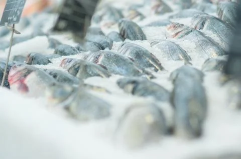 Fresh fish lie on table with ice in supermarket Foto stock
