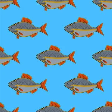Fresh Fish Seamless Pattern Fresh Fish Isolated on Blue Background. Seamle... Stock Photos