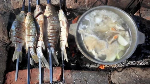 Fresh fish soup is boiling on a fire and fried Fish on skewers Video stock 51672806
