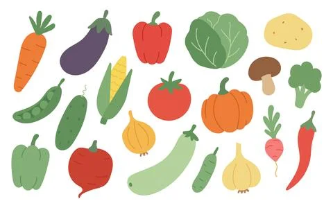Fresh flat-style vegetable mix including carrot, corn, broccoli, and eggplant Stock Illustration