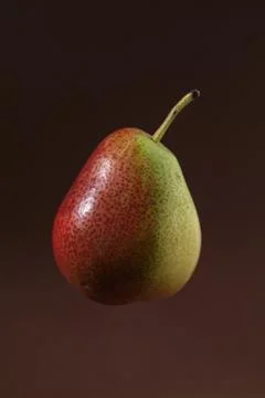 Fresh floating single pear on brown background Stock Photos