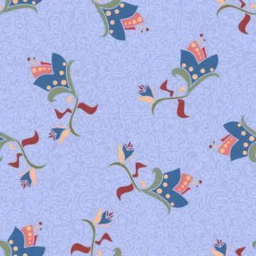 Fresh Floral Repeat Pattern In Red And Blue With A Vibrant Lilac Blue Backdro Stock Illustration
