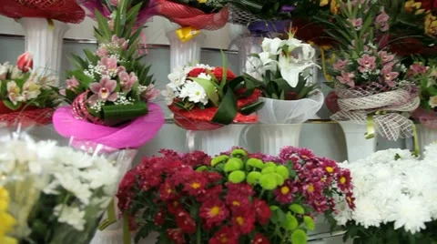 Fresh Flower Arrangements In Florist Shop Stock Footage
