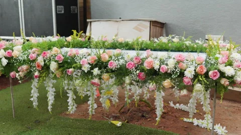 Fresh Flower Garland Canopy Setup for Outdoor Wedding Decor in Bengaluru, India Stock Footage 343722598
