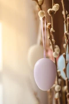 Fresh flowering branches decorated with easter colorful eggs in a vase. Holiday Stock Photos