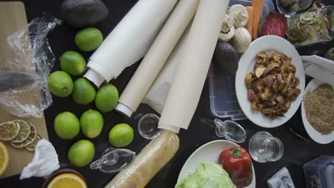 Fresh food on the table, top view. Healthy eating concept Stock Footage 303554846