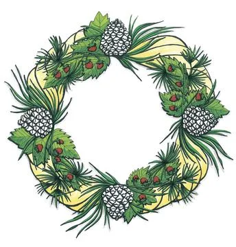 Fresh forest wreath with pine cones and strawberries Stock Illustration