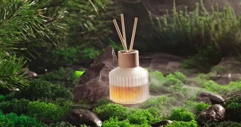 Fresh fragrance diffuser on moss in dark hazy forest. Stock Footage 332622515