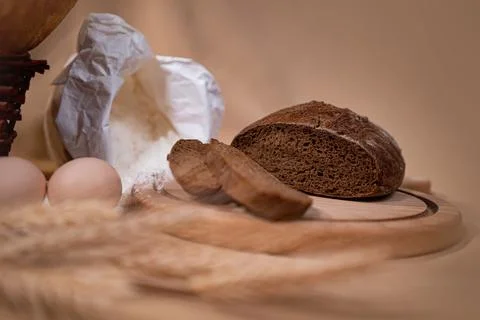 Fresh fragrant bread on rustic Stock Photos