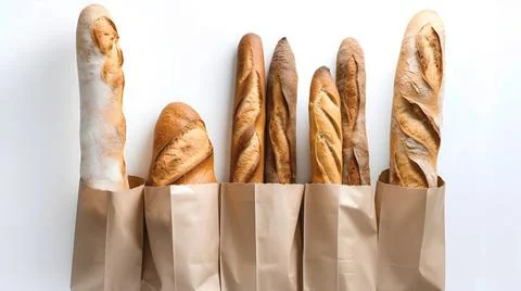 Fresh French baguette baking still life. Tasty bread patties in eco kraft paper Stock-Fotos