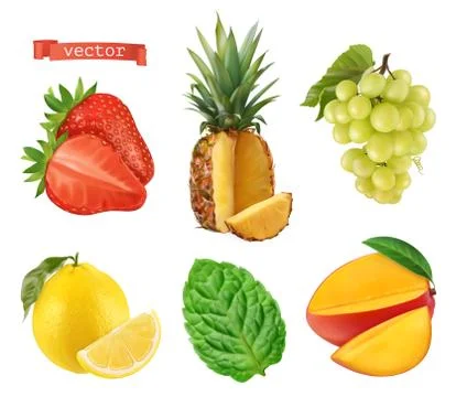 Fresh fruit, 3d vector icons set. Realistic illustration Stock Illustration