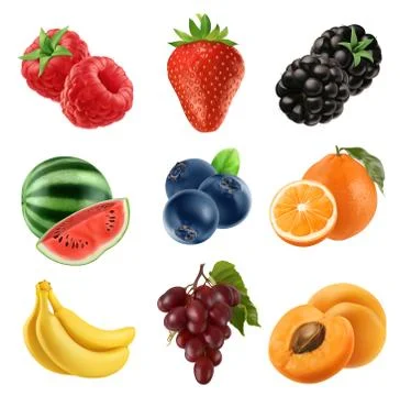 Fresh fruit. 3d vector icons set. Realistic illustration Stock Illustration