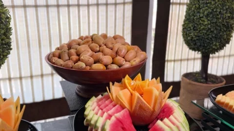 Fresh Fruit And Dates On Restaurant Buffet Table Stock Footage 344549561