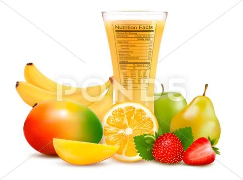 Fresh fruit and a glass of juice with a nutrition facts label. vector illustr Stock Illustration