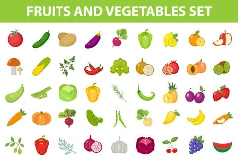 Fresh Fruit and Vegetable icon set, flat, cartoon-style. Berries and herbs .. Stock Illustration