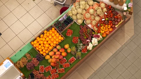 Fresh fruit and vegetable stand on local organic market Видео 239014125