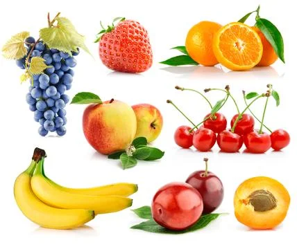 Fresh fruit assortment white background Stock Photos
