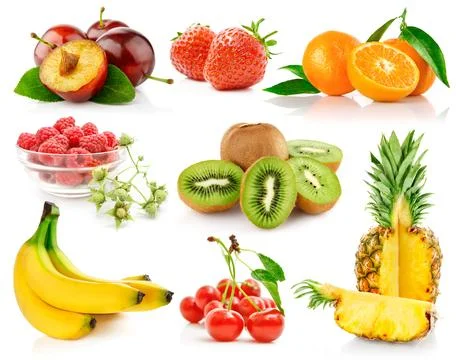Fresh fruit assortment white background Stock Photos