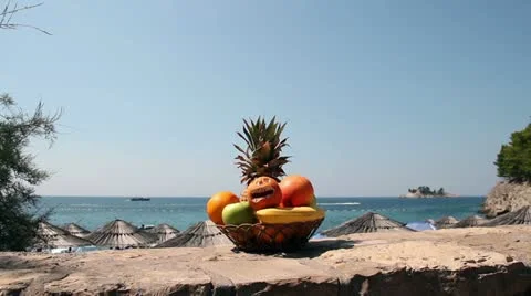 Fresh Fruit Basket Against Seaside Stock Footage