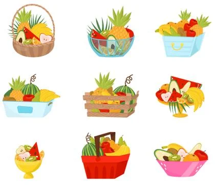 Fresh fruit in baskets, containers and vases set, healthy lifestyle and diet Stock Illustration