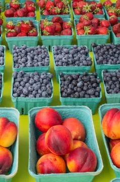 Fresh fruit in baskets on display Stock Photos