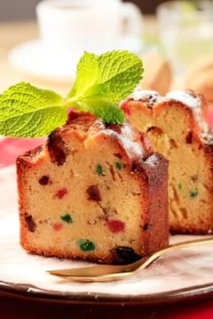 Fresh fruit cake slice on a plate with mint Stock Photos