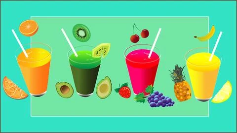 Fresh fruit drinks, fruit and vegetable freshes and smoothies, a tasty treat  Stock Illustration