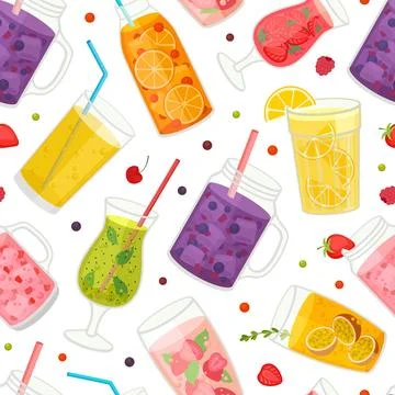 Fresh Fruit Drinks Seamless Pattern Design with Cool Juicy Beverage in Glass Stock Illustration