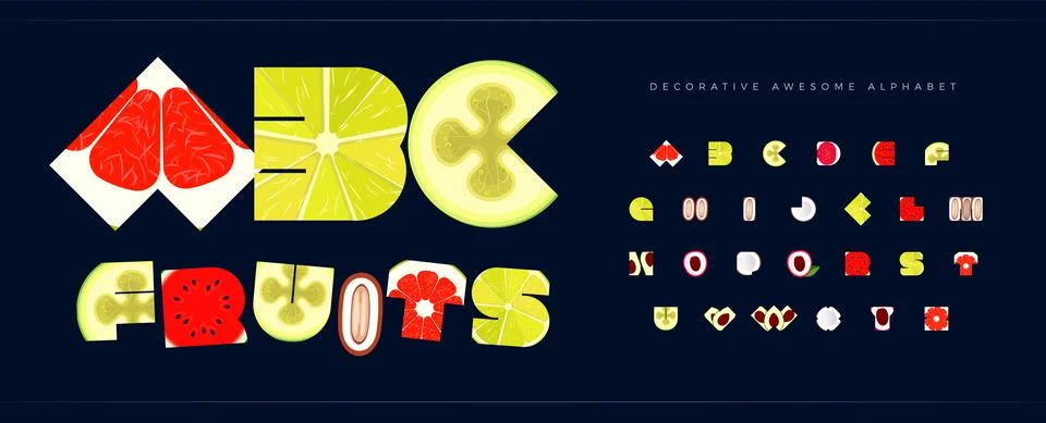 Fresh fruit font for logo tropical fruity. Alphabet for restaurant and cafe Stock Illustration