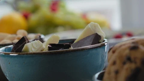 Fresh Fruit, Fruit Cake And Chocolate Good On The Counter Stock Footage 93063081