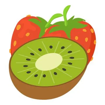 Fresh fruit icon isometric vector. Ripe juicy red strawberry and green kiwi Stock Illustration