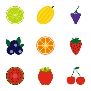 Fresh fruit icons set, flat style Stock Illustration