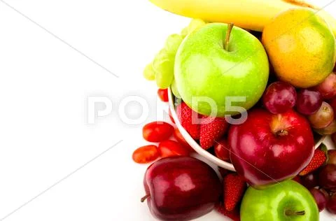 Fresh fruit on plate isolated on white Stock Photos
