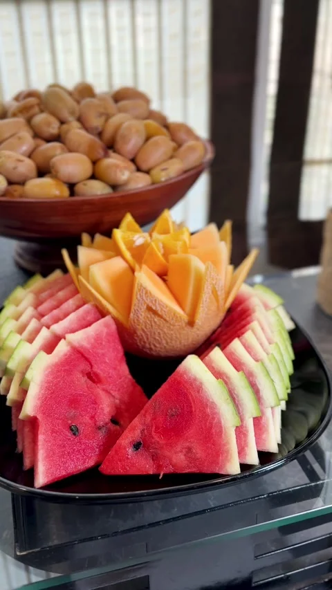 Fresh Fruit Platter With Watermelon And Dates Stock Footage 344172657