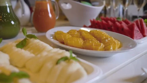 Fresh fruit platter with watermelon orange and melon Stock Footage 341166718