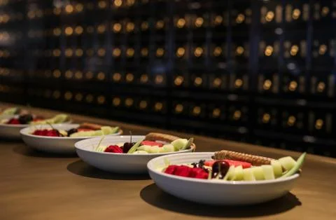 Fresh fruit served on table close-up photo. Stock Photos