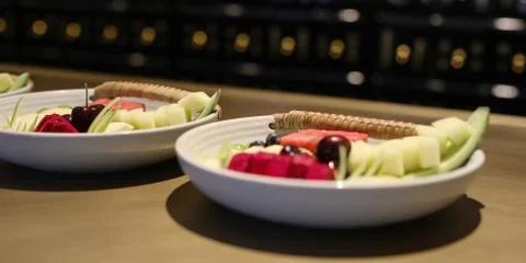 Fresh fruit served on table close-up photo. Stock Photos