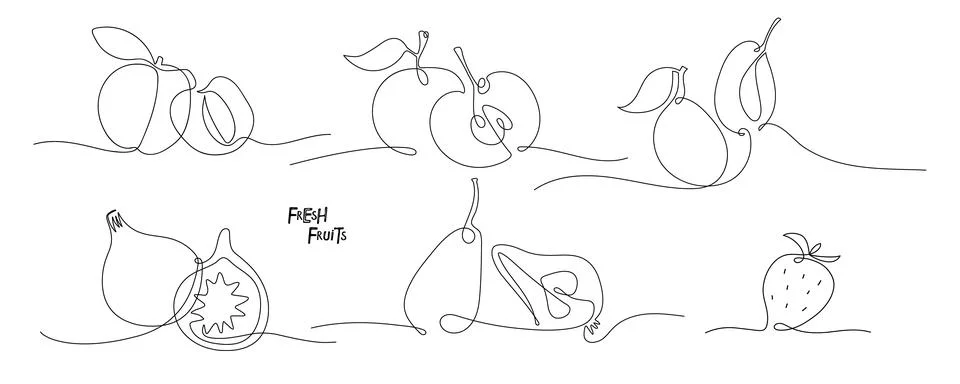Fresh fruit set. Continuous one line drawing. Farmer market Logo concept Stock Illustration