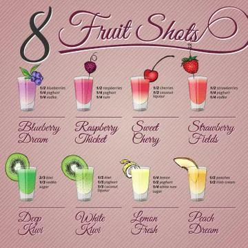 Fresh fruit shots set with fruit decoration Stock Illustration