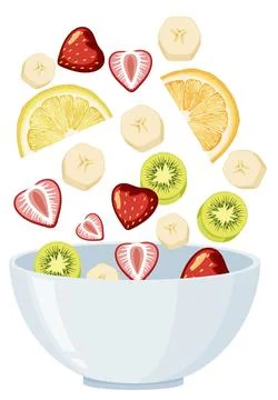 Fresh Fruit Slices Falling Into White Ceramic Bowl Stock Illustration