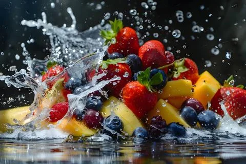 Fresh fruit splashed with water droplets Stock Photos
