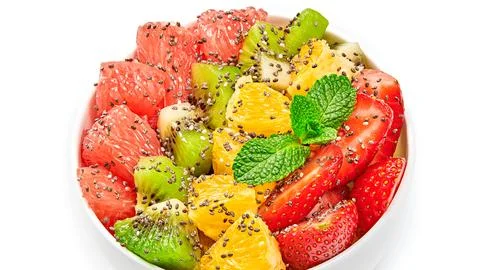 Fresh fruit strawberry salad with different ingredients served in bowl cuto.. Stock Photos