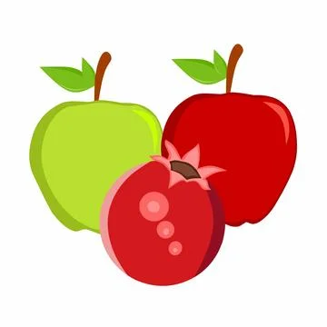 Fresh Fruit Vector Illustration Set: Green Apple, Red Apple, and Whole Red Pomeg Stock Illustration